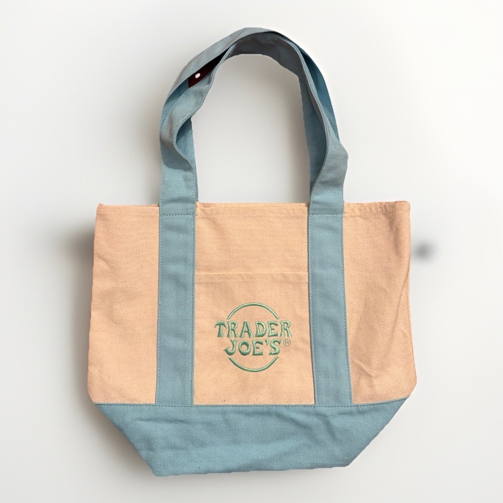 Trader Joe's Mini Canvas Tote Bag Limited Edition Pastel Blue Mint Logo